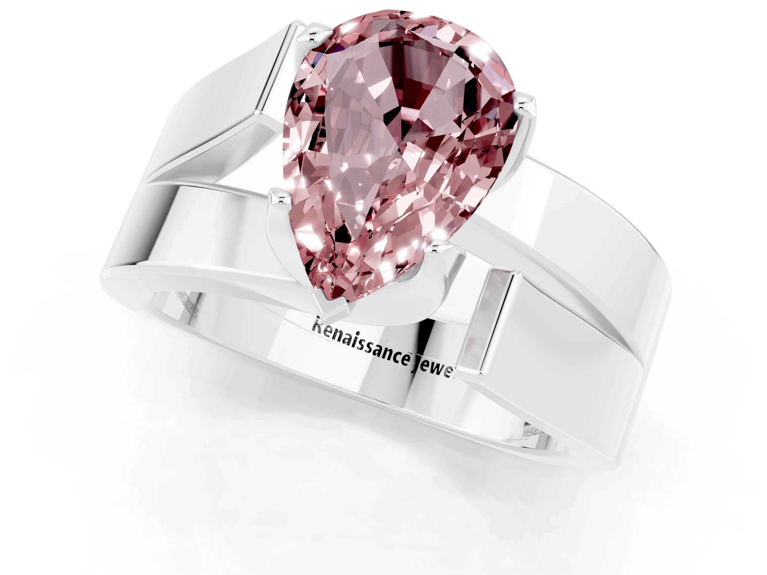 White gold Modern Tension Set Pear Cut Morganite Solitaire Wide Band Ring_1