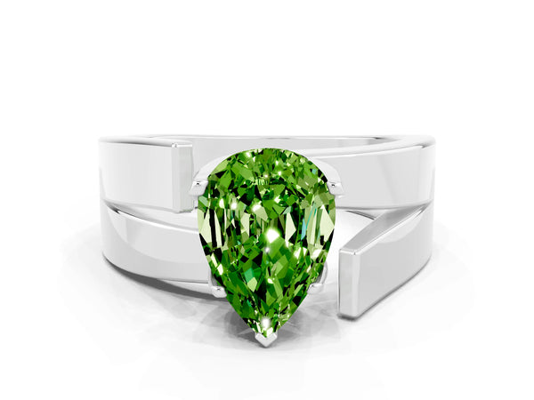 Platinum Modern Tension Set Pear Cut Peridot Solitaire Wide Band Ring