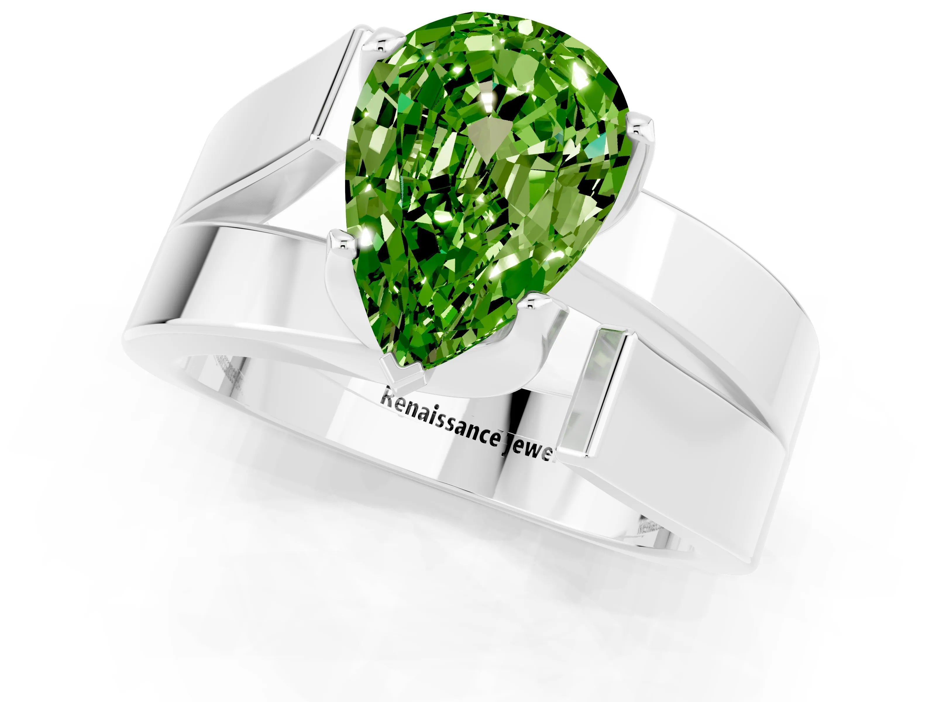 White gold Modern Tension Set Pear Cut Peridot Solitaire Wide Band Ring_1
