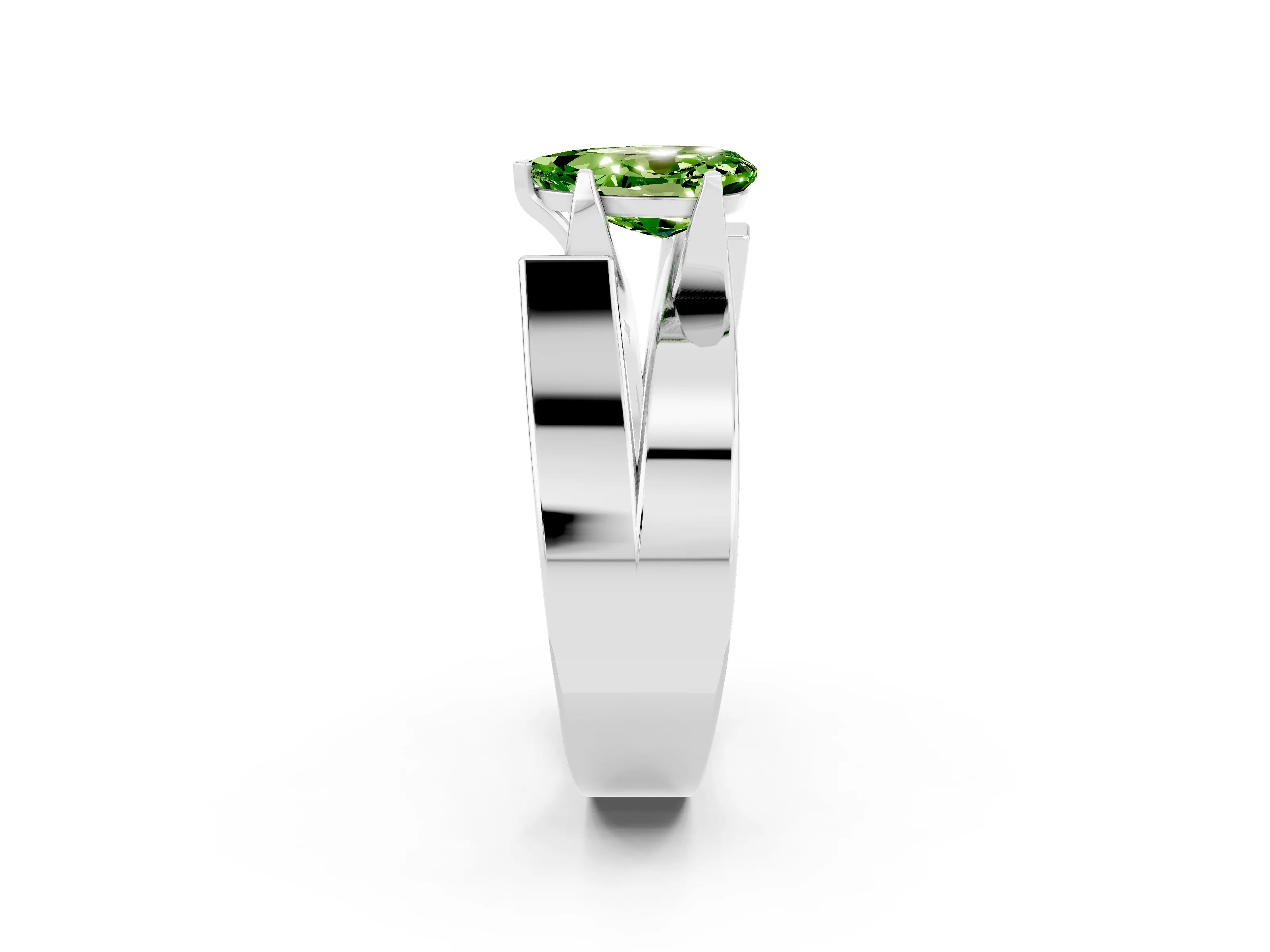 White gold Modern Tension Set Pear Cut Peridot Solitaire Wide Band Ring_2