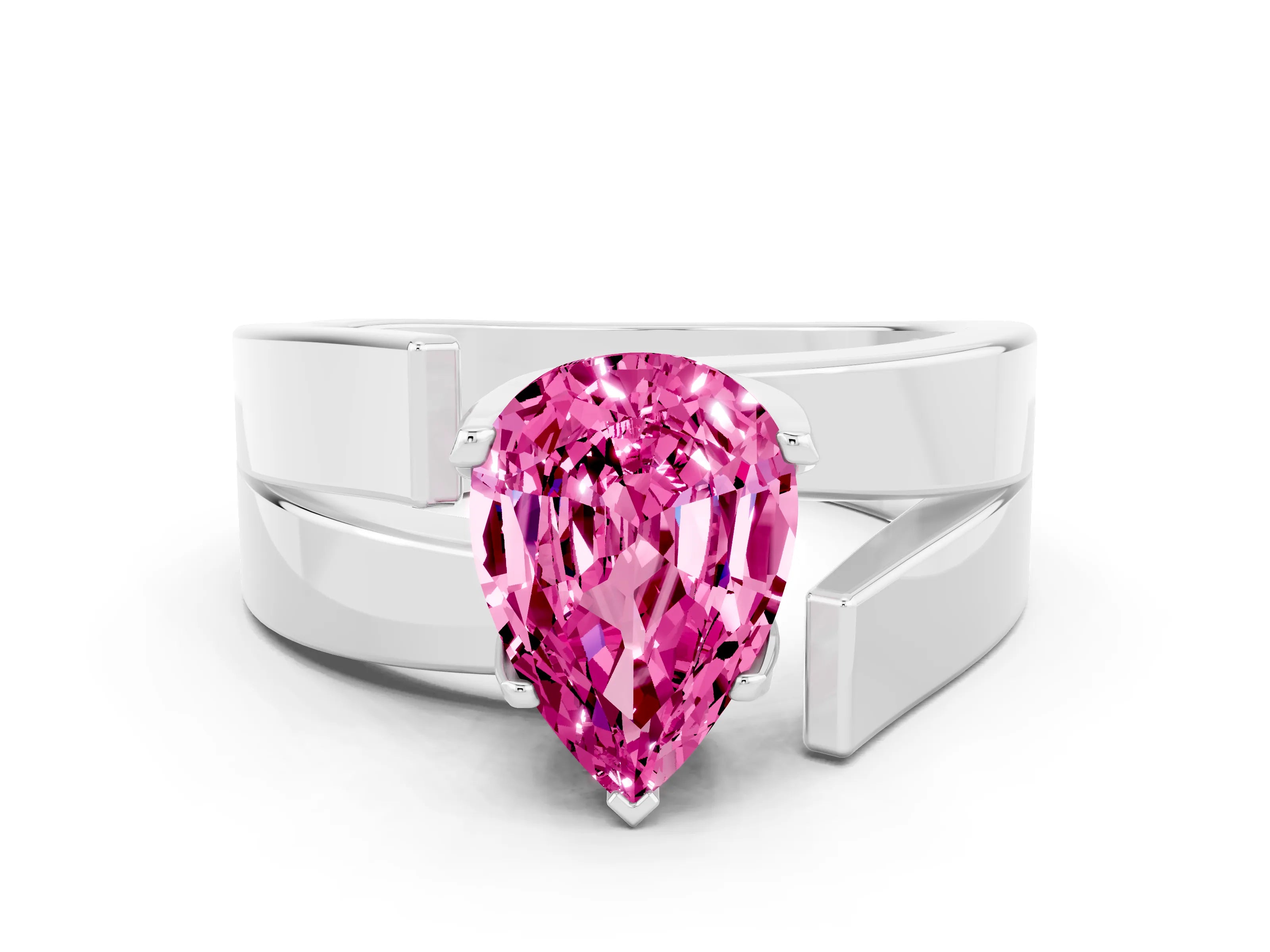 White gold Modern Tension Set Pear Cut Pink Sapphire Solitaire Wide Band Ring_32