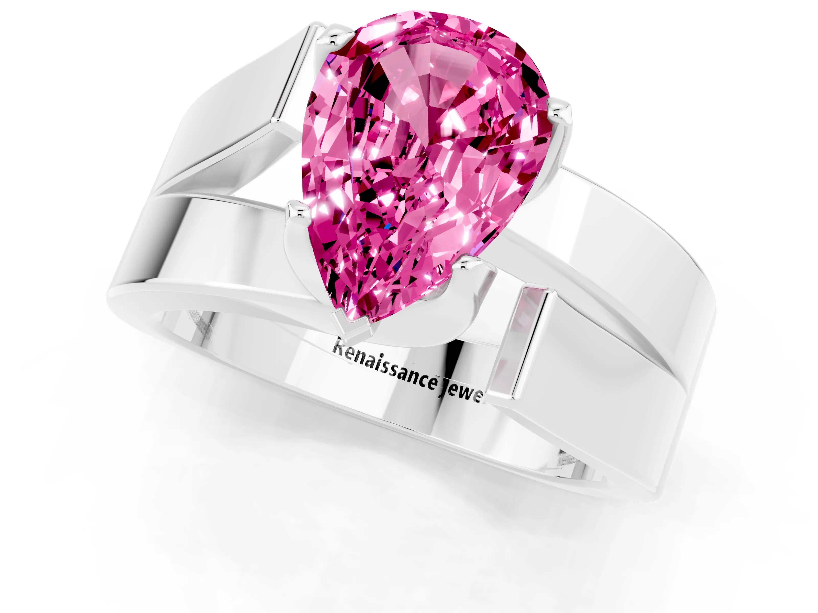 White gold Modern Tension Set Pear Cut Pink Sapphire Solitaire Wide Band Ring_33