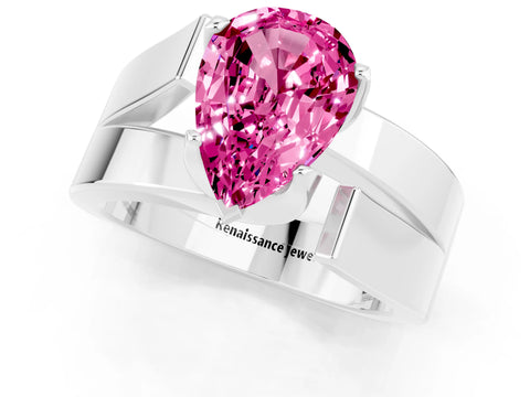 White gold Modern Tension Set Pear Cut Pink Sapphire Solitaire Wide Band Ring_37