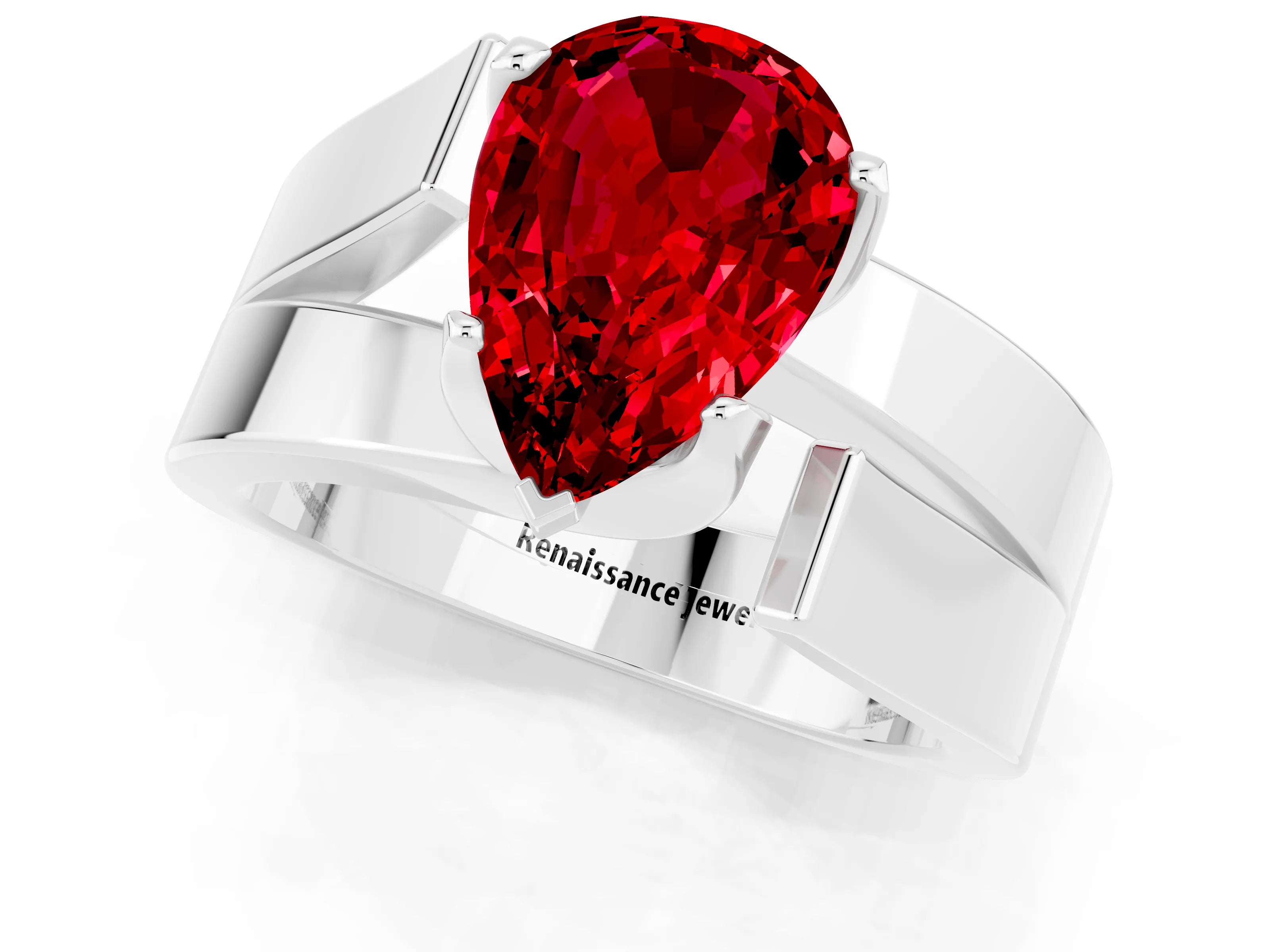 White gold Modern Tension Set Pear Cut Ruby Solitaire Wide Band Ring_1