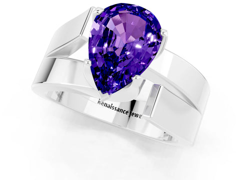 White gold Modern Tension Set Pear Cut Tanzanite Solitaire Wide Band Ring_19