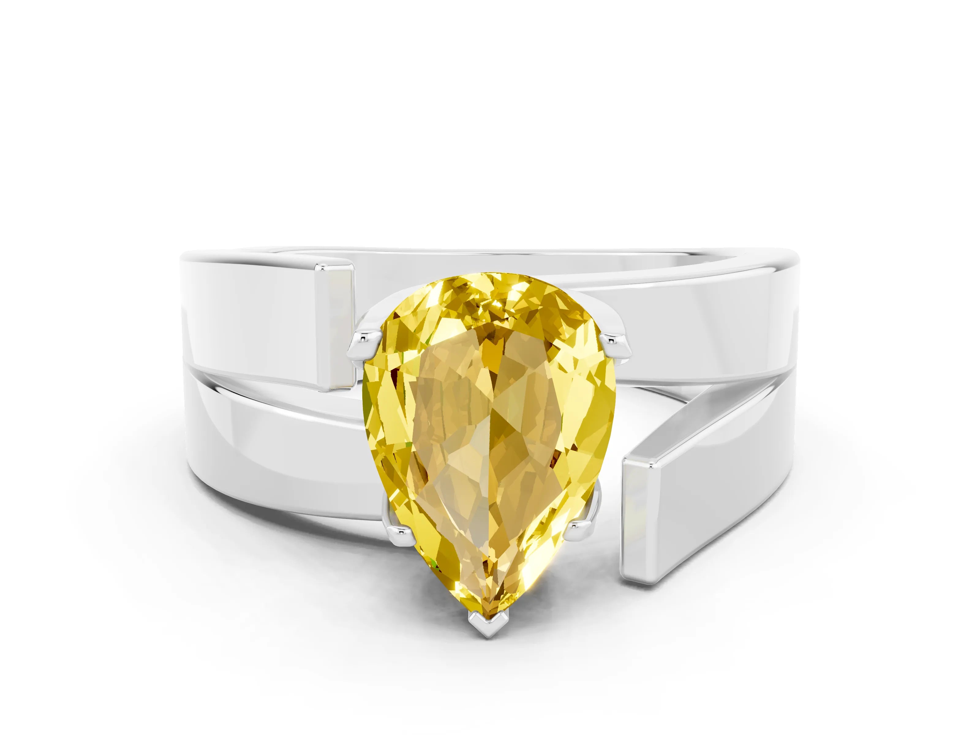 White gold Modern Tension Set Pear Cut Yellow Sapphire Solitaire Wide Band Ring_48
