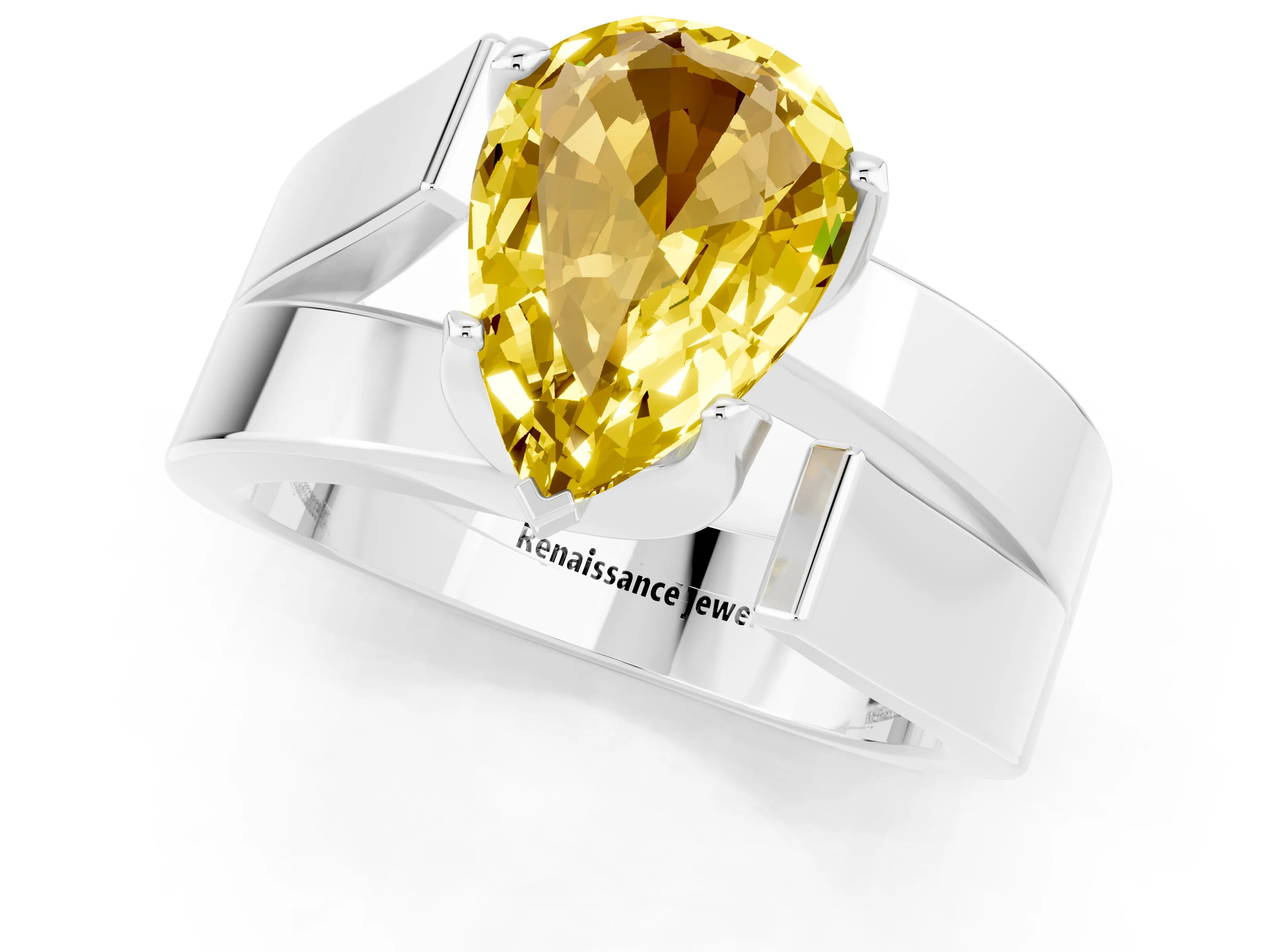 White gold Modern Tension Set Pear Cut Yellow Sapphire Solitaire Wide Band Ring_49