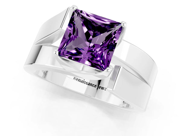 Platinum Modern Tension Set Princess Cut Amethyst Solitaire Wide Band Ring