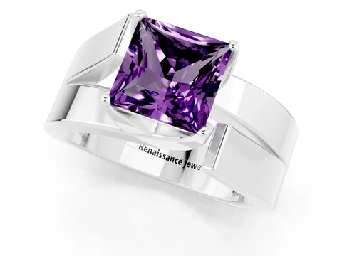 White gold Modern Tension Set Princess Cut Amethyst Solitaire Wide Band Ring_1