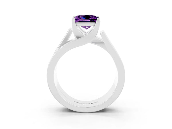 Platinum Modern Tension Set Princess Cut Amethyst Solitaire Wide Band Ring