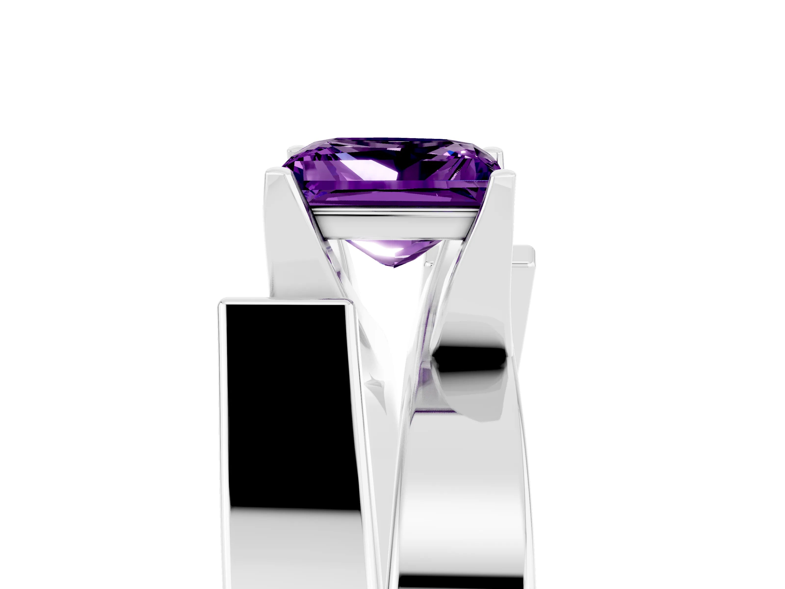 White gold Modern Tension Set Princess Cut Amethyst Solitaire Wide Band Ring_5