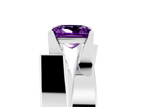 White gold Modern Tension Set Princess Cut Amethyst Solitaire Wide Band Ring_5