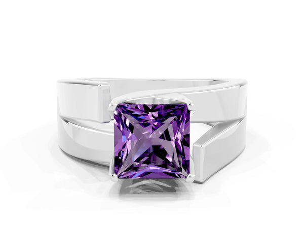 Silver Modern Tension Set Princess Cut Amethyst Solitaire Wide Band Ring
