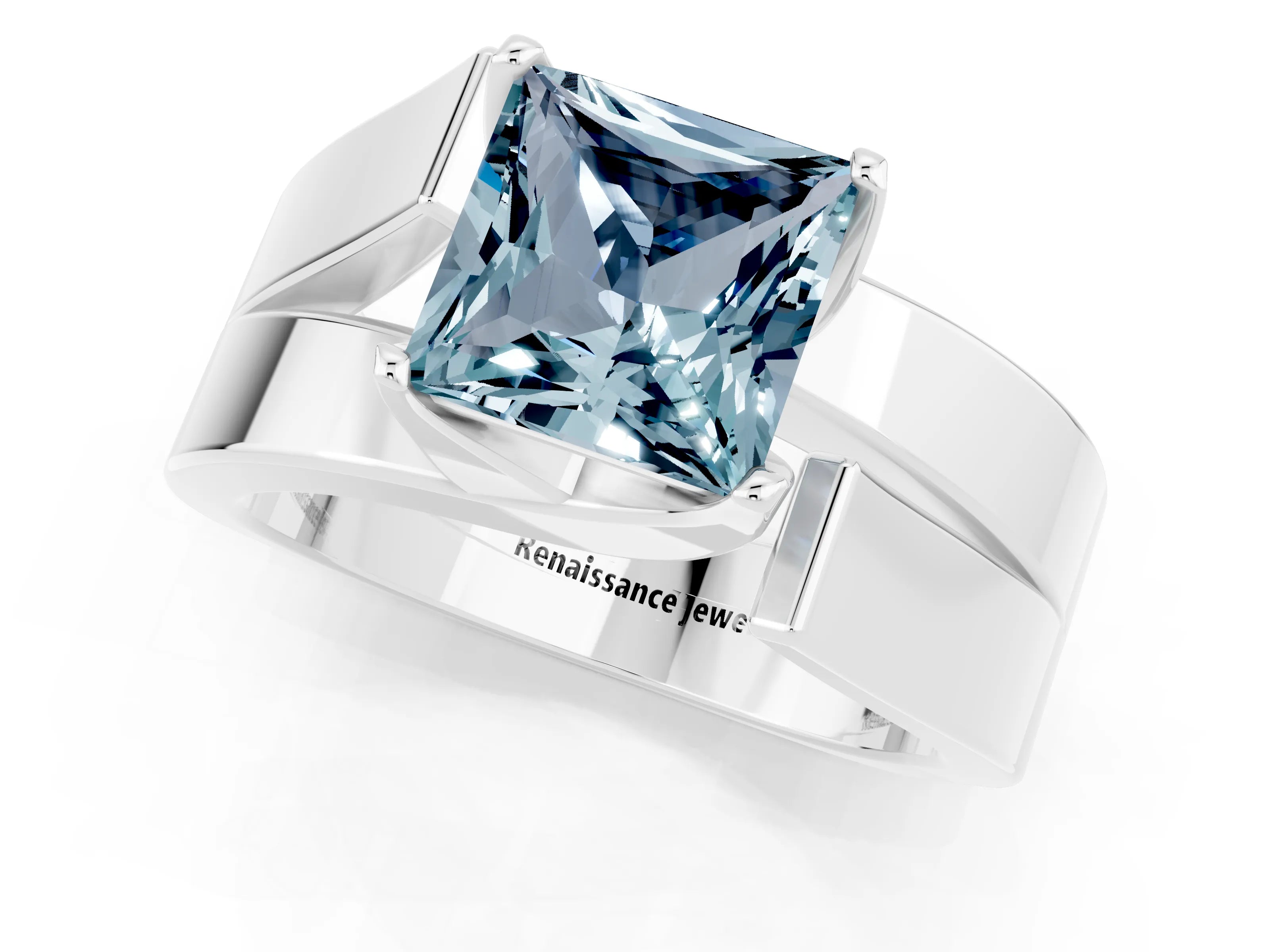 White gold Modern Tension Set Princess Cut Aquamarine Solitaire Wide Band Ring_1
