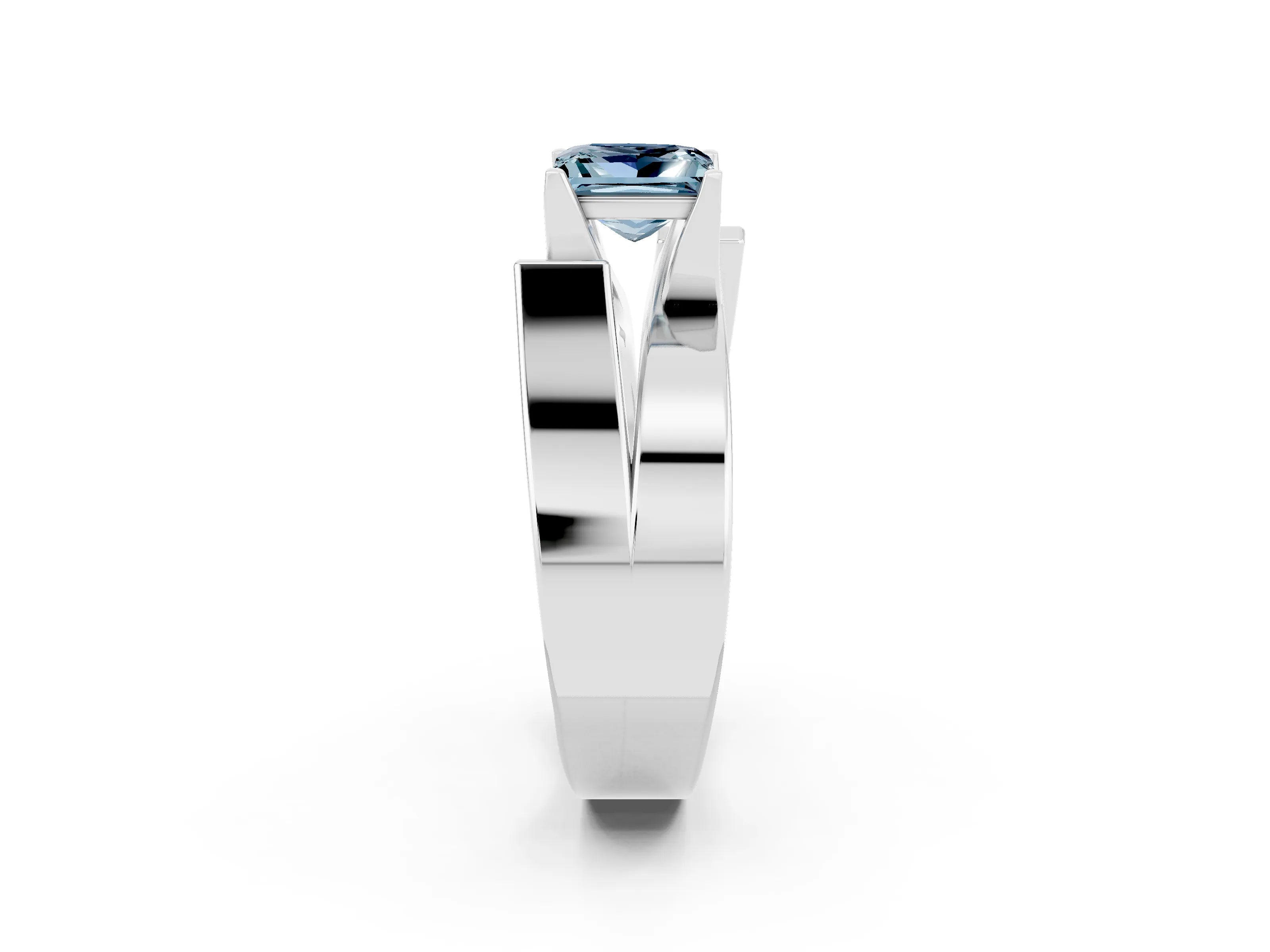 White gold Modern Tension Set Princess Cut Aquamarine Solitaire Wide Band Ring_2