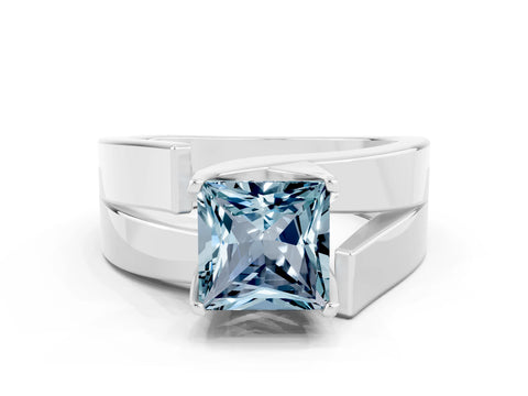 White gold Modern Tension Set Princess Cut Aquamarine Solitaire Wide Band Ring