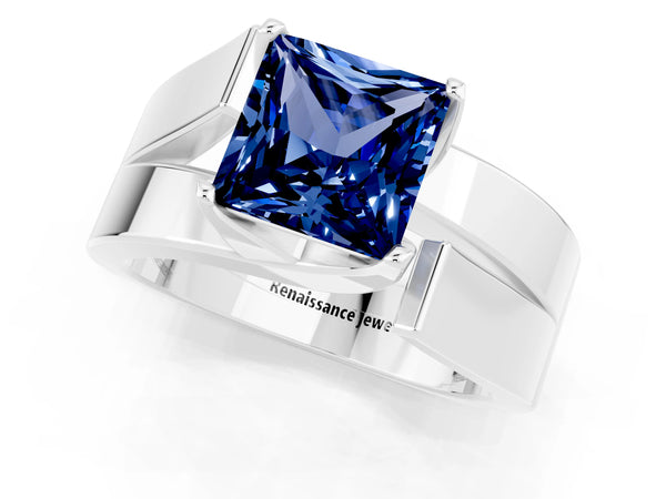 Platinum Modern Tension Set Princess Cut Blue Sapphire Solitaire Wide Band Ring
