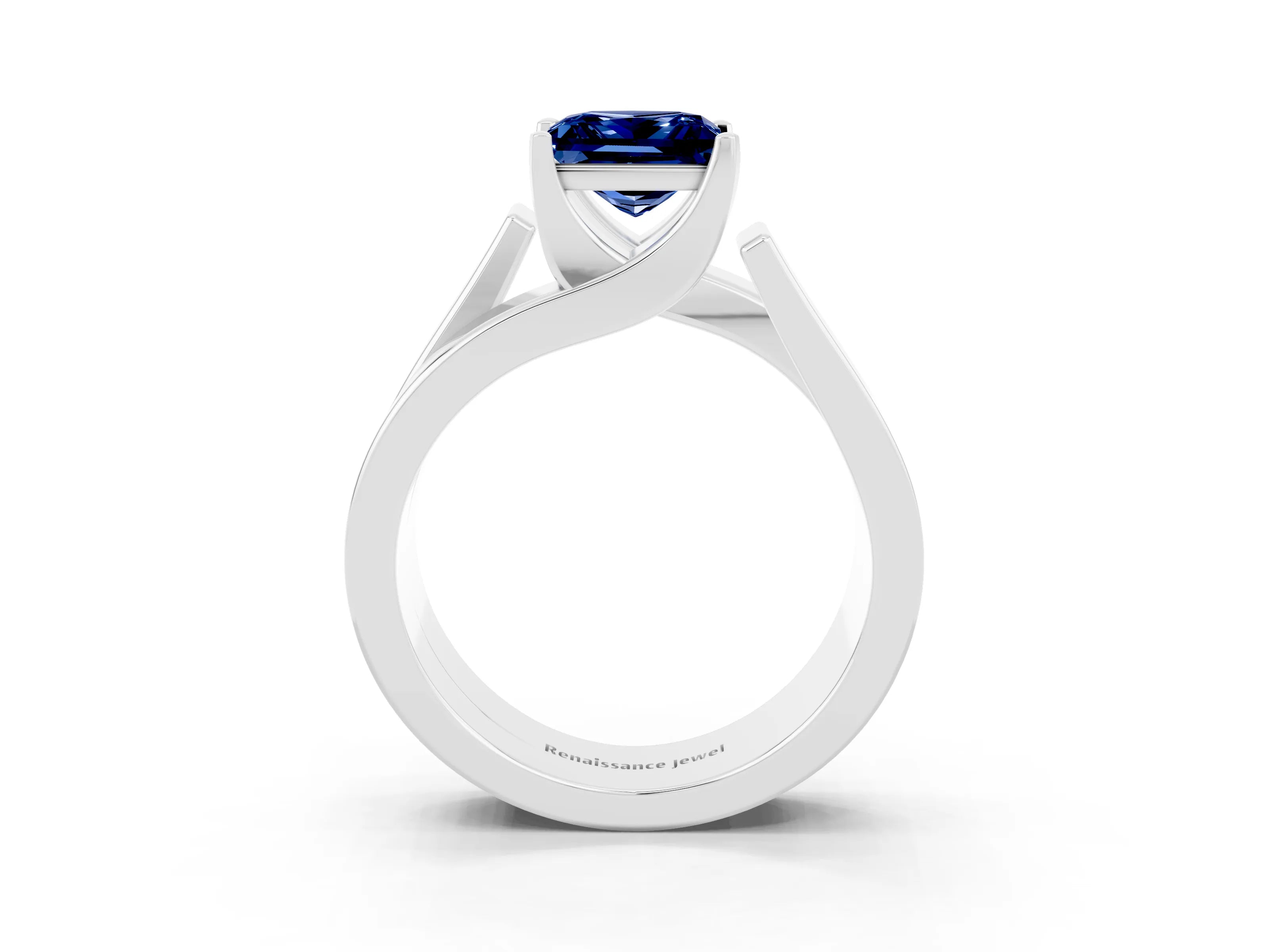 White gold Modern Tension Set Princess Cut Blue Sapphire Solitaire Wide Band Ring_3