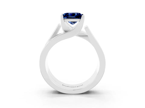White gold Modern Tension Set Princess Cut Blue Sapphire Solitaire Wide Band Ring_3