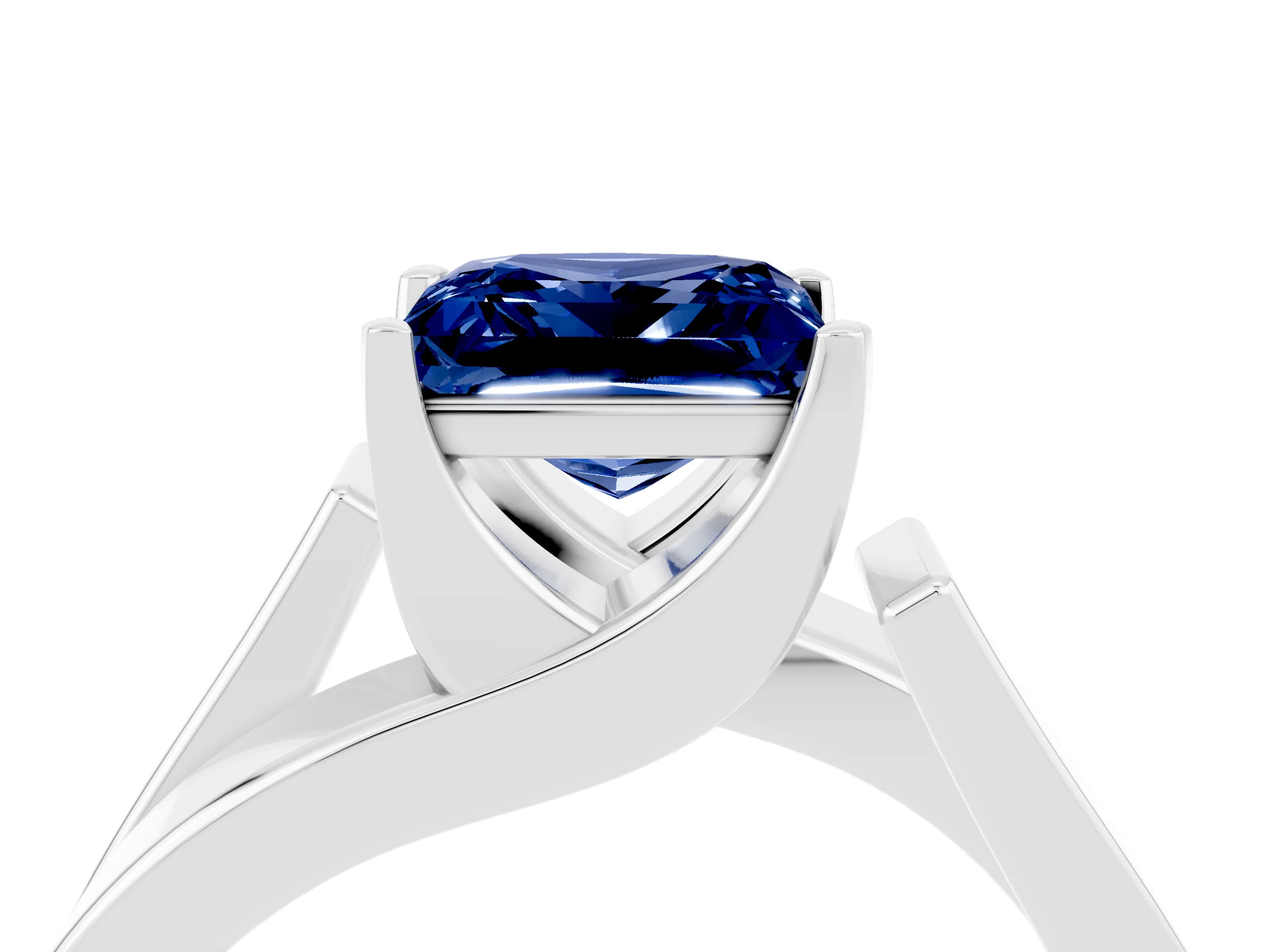 White gold Modern Tension Set Princess Cut Blue Sapphire Solitaire Wide Band Ring_4