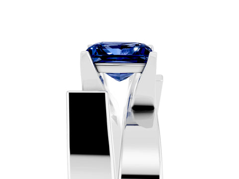 White gold Modern Tension Set Princess Cut Blue Sapphire Solitaire Wide Band Ring_5