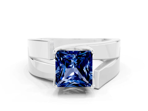 White gold Modern Tension Set Princess Cut Blue Sapphire Solitaire Wide Band Ring