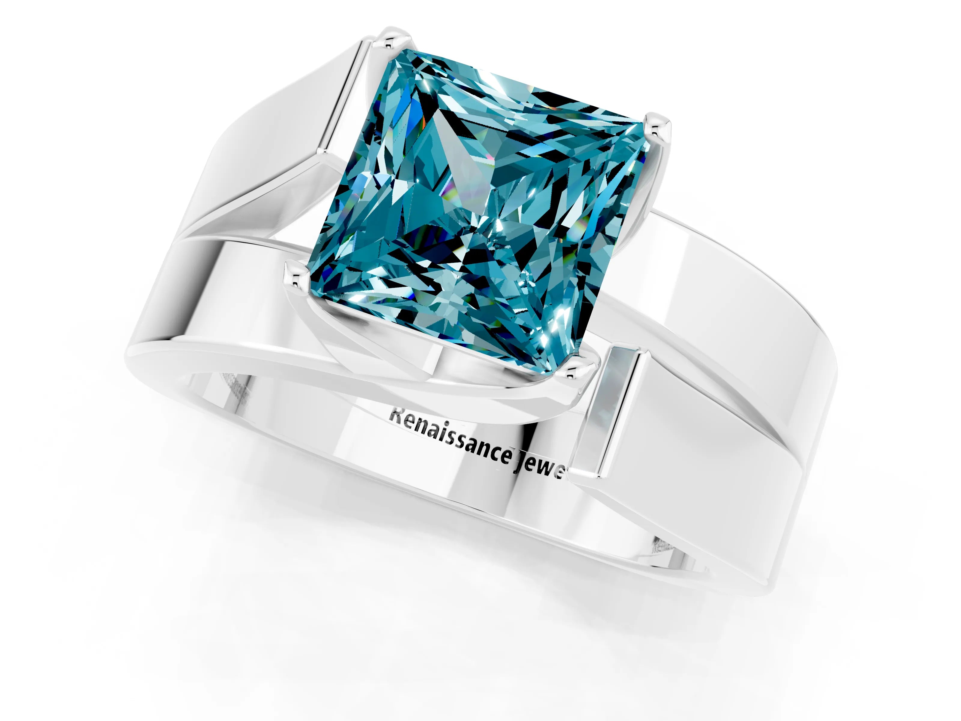 White gold Modern Tension Set Princess Cut Blue Topaz Solitaire Wide Band Ring_1
