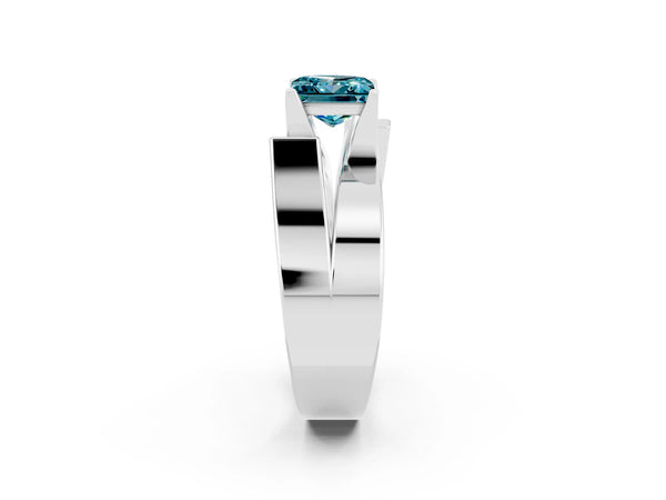 Platinum Modern Tension Set Princess Cut Blue Topaz Solitaire Wide Band Ring