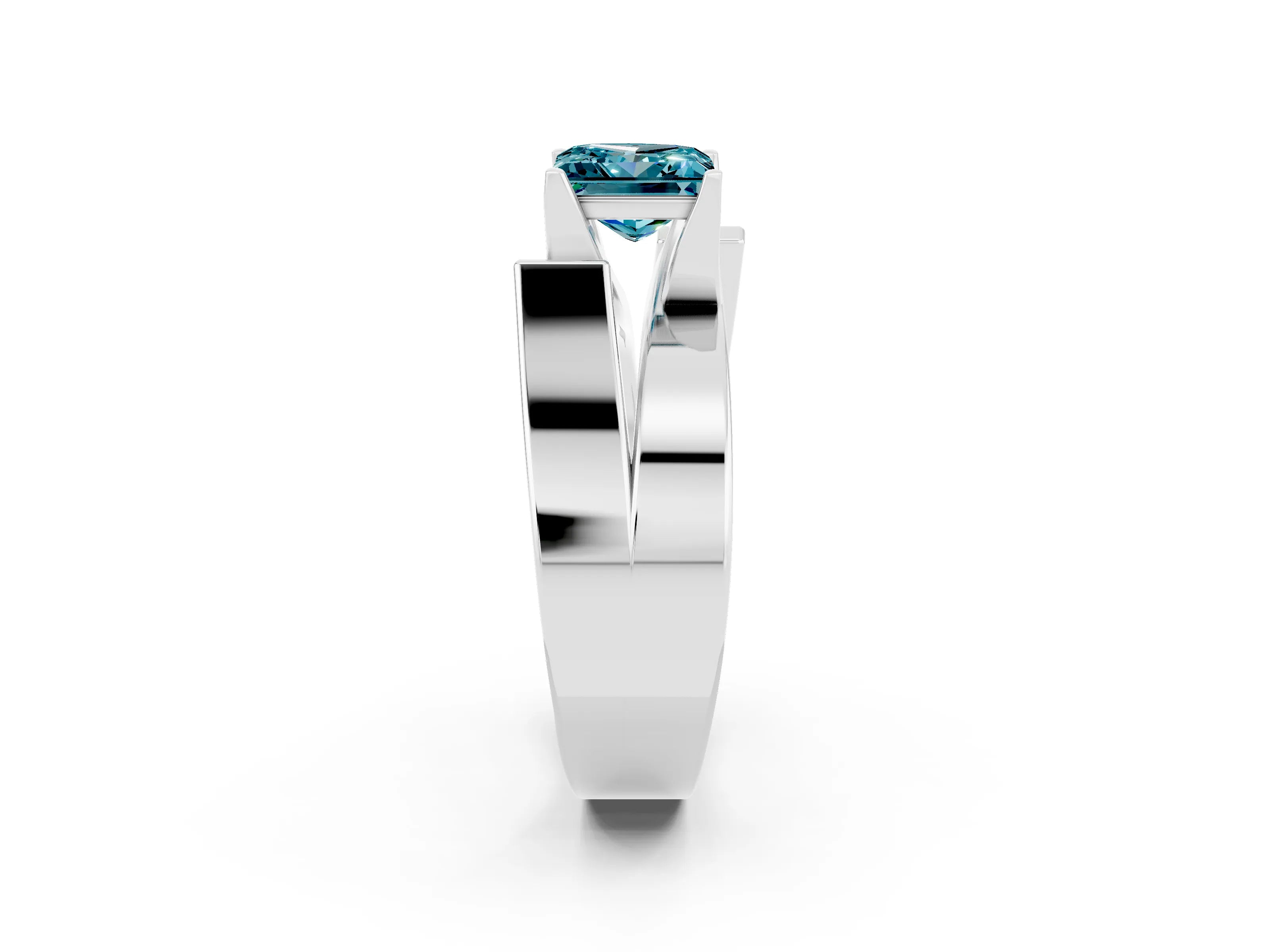 White gold Modern Tension Set Princess Cut Blue Topaz Solitaire Wide Band Ring_2