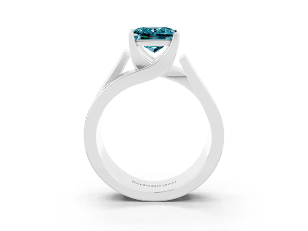 White gold Modern Tension Set Princess Cut Blue Topaz Solitaire Wide Band Ring