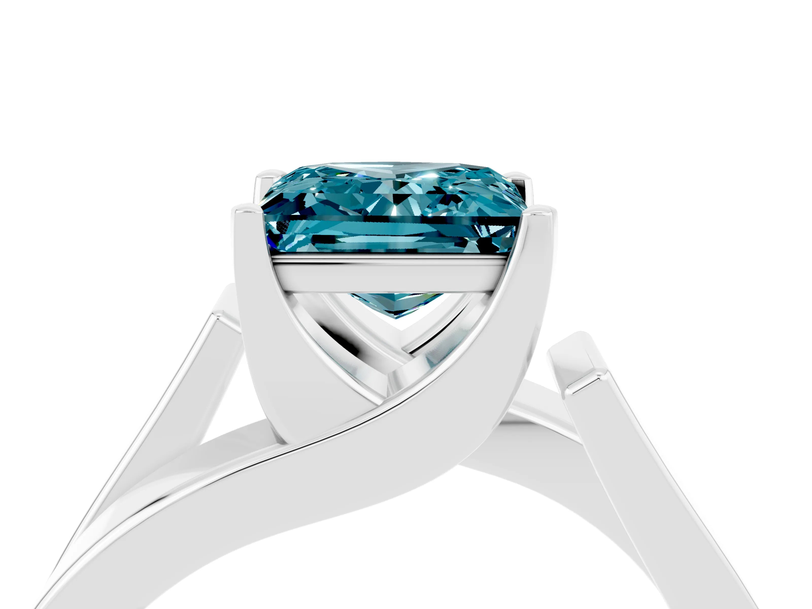 White gold Modern Tension Set Princess Cut Blue Topaz Solitaire Wide Band Ring_4