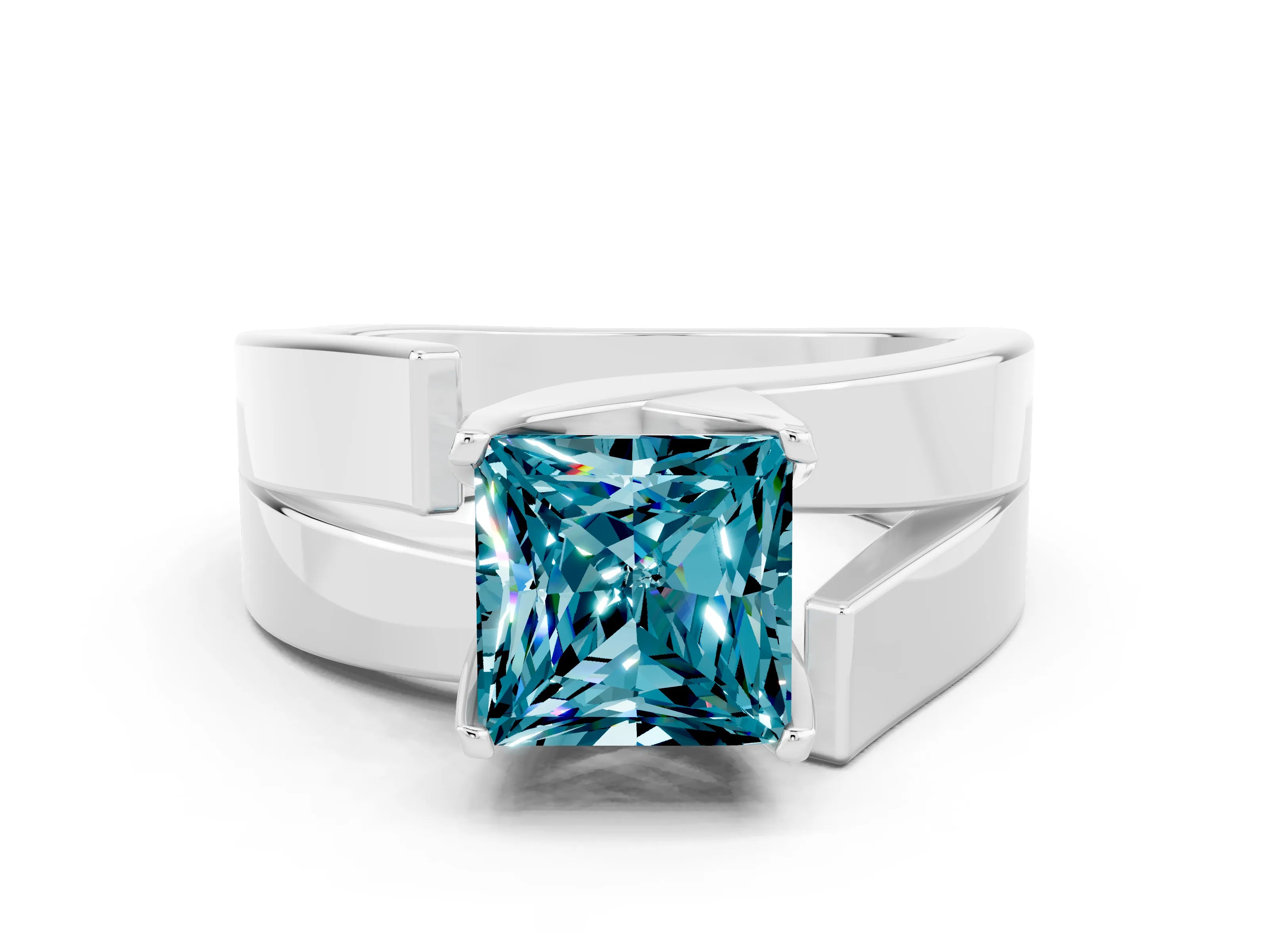 White gold Modern Tension Set Princess Cut Blue Topaz Solitaire Wide Band Ring