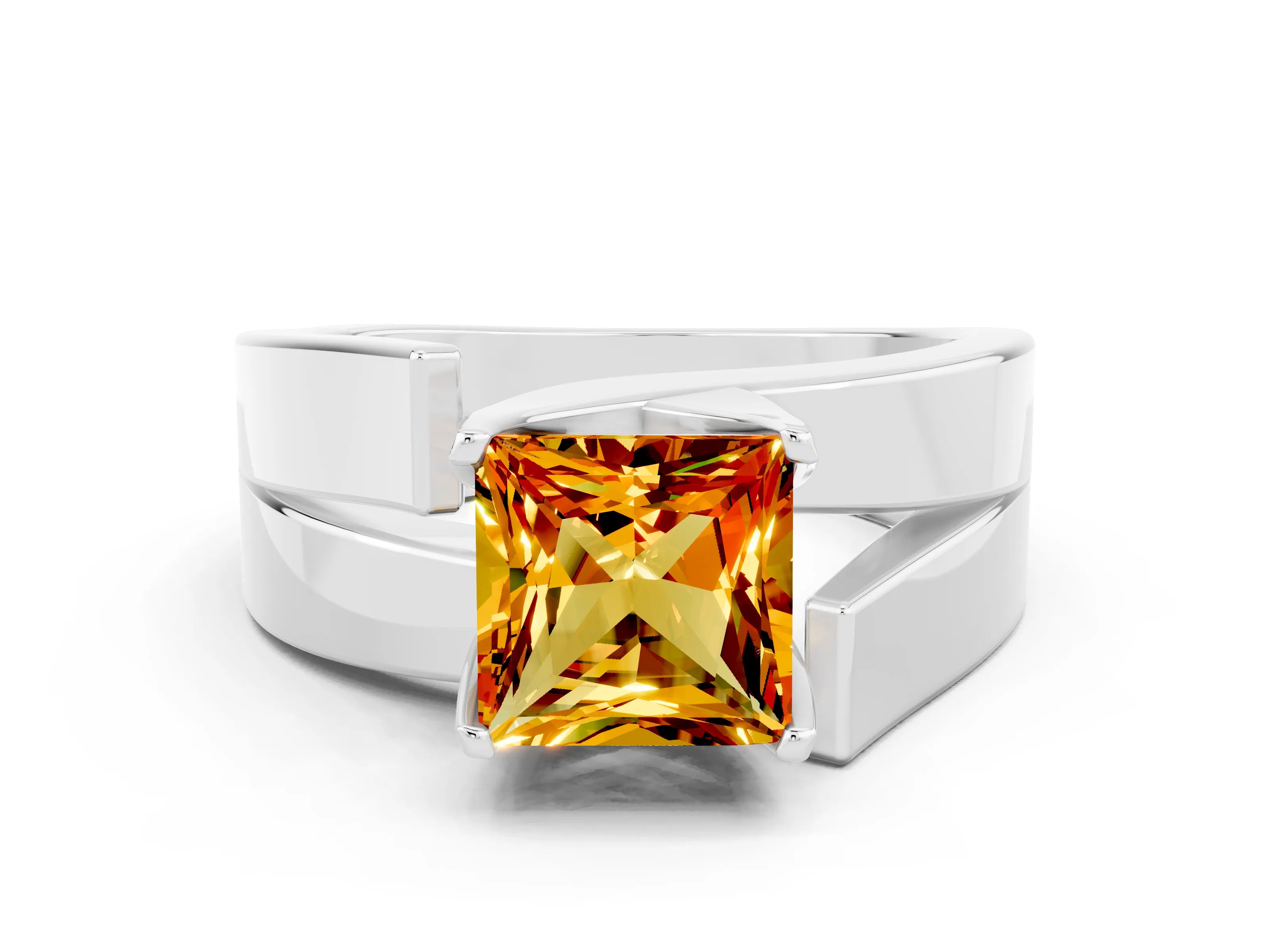 White gold Modern Tension Set Princess Cut Citrine Solitaire Wide Band Ring