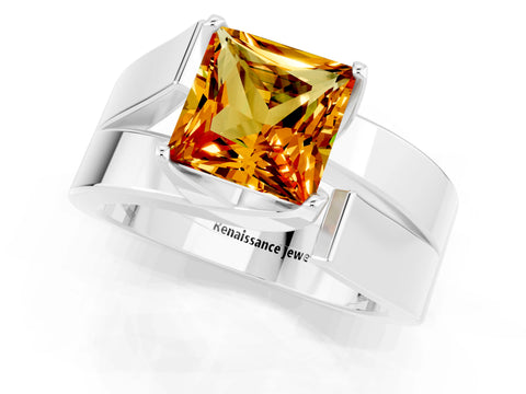 White gold Modern Tension Set Princess Cut Citrine Solitaire Wide Band Ring_1