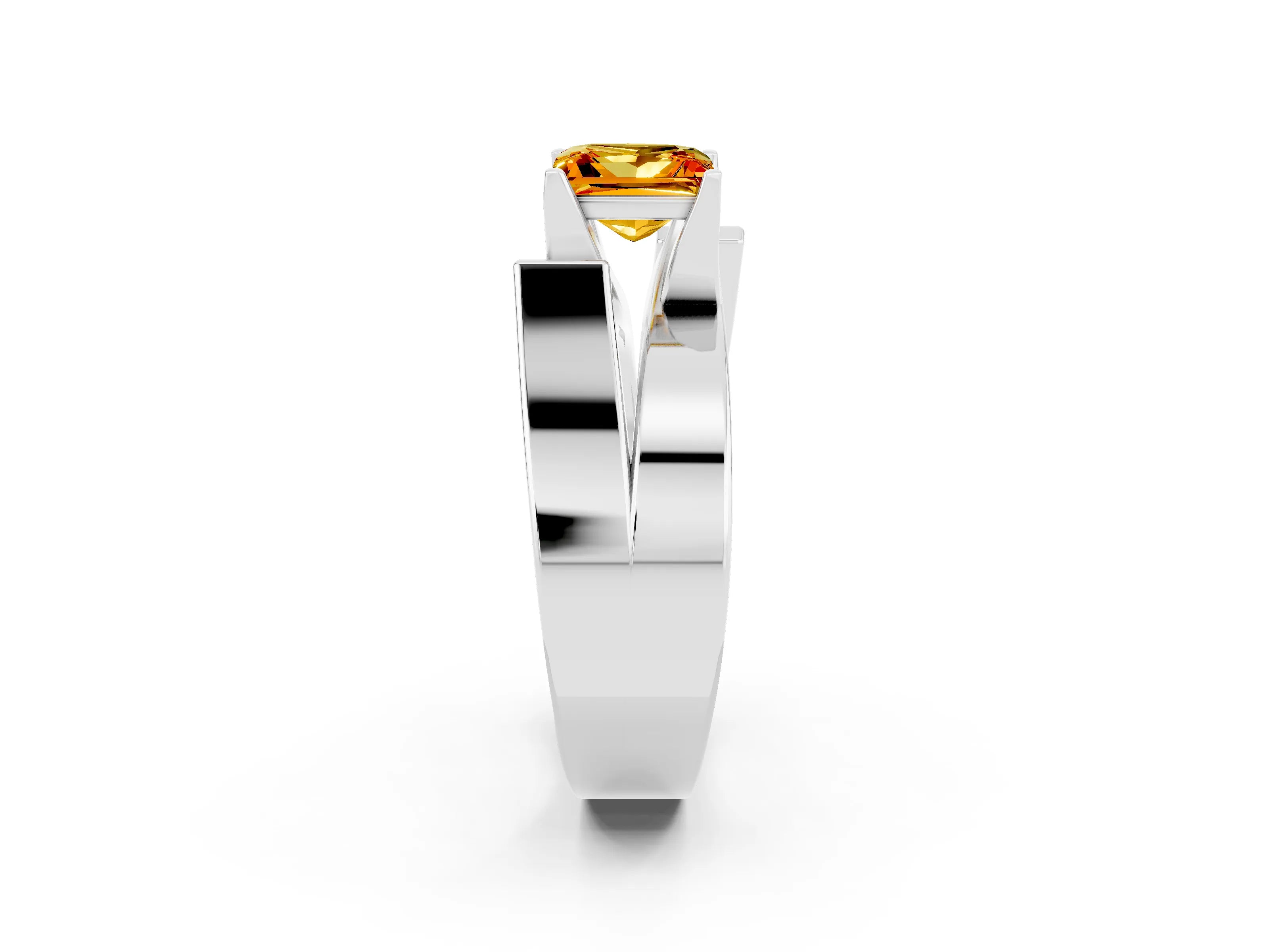 White gold Modern Tension Set Princess Cut Citrine Solitaire Wide Band Ring_2