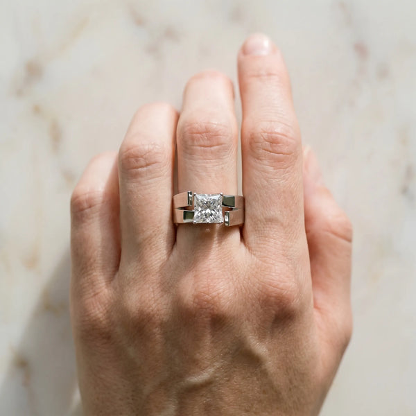 White gold Modern Tension Set Princess Cut Diamond Solitaire Wide Band Ring