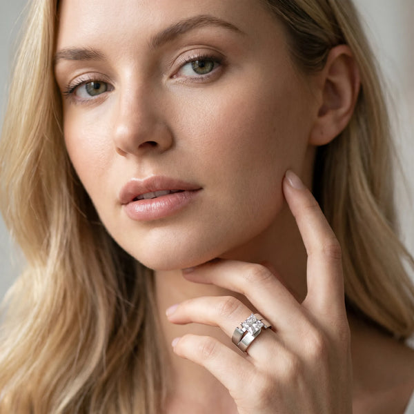 White gold Modern Tension Set Princess Cut Diamond Solitaire Wide Band Ring