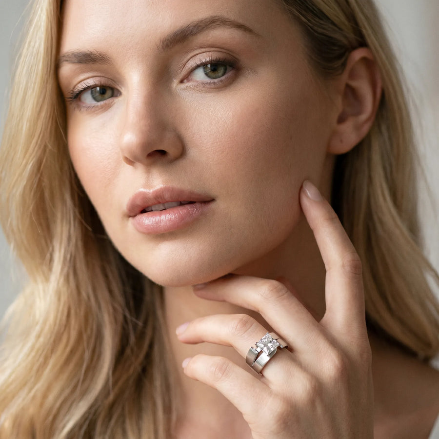 White gold Modern Tension Set Princess Cut Diamond Solitaire Wide Band Ring