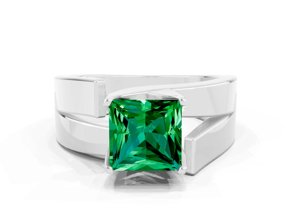 Platinum Modern Tension Set Princess Cut Emerald Solitaire Wide Band Ring