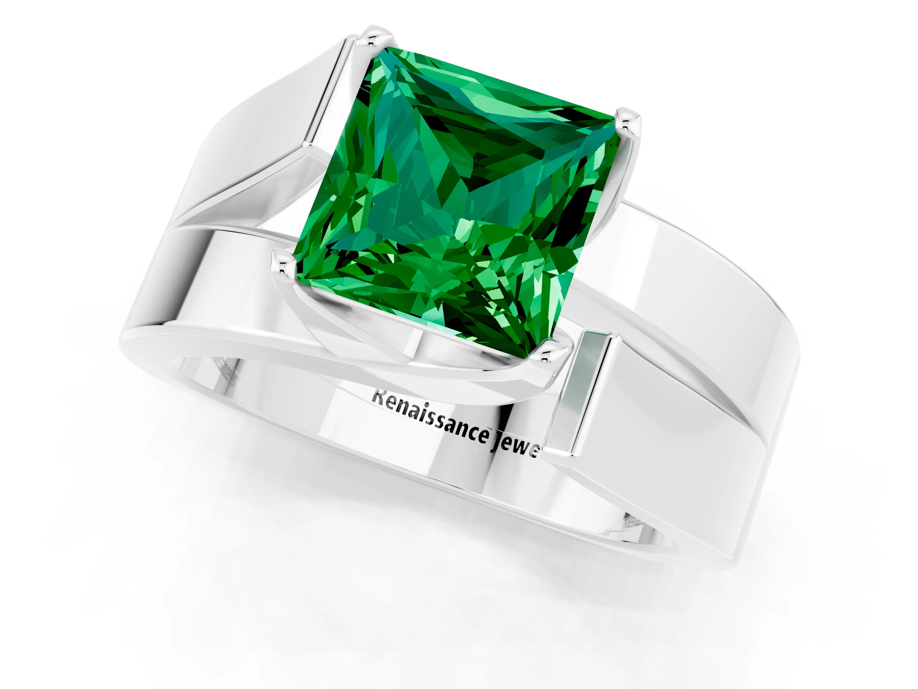 White gold Modern Tension Set Princess Cut Emerald Solitaire Wide Band Ring_1