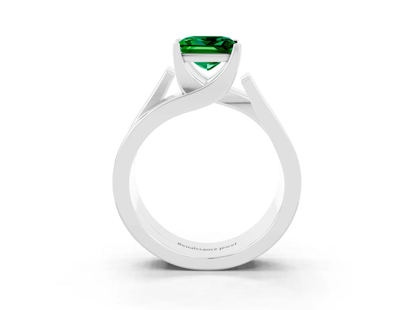 White gold Modern Tension Set Princess Cut Emerald Solitaire Wide Band Ring