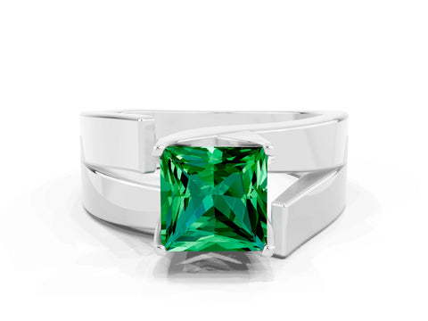 White gold Modern Tension Set Princess Cut Emerald Solitaire Wide Band Ring