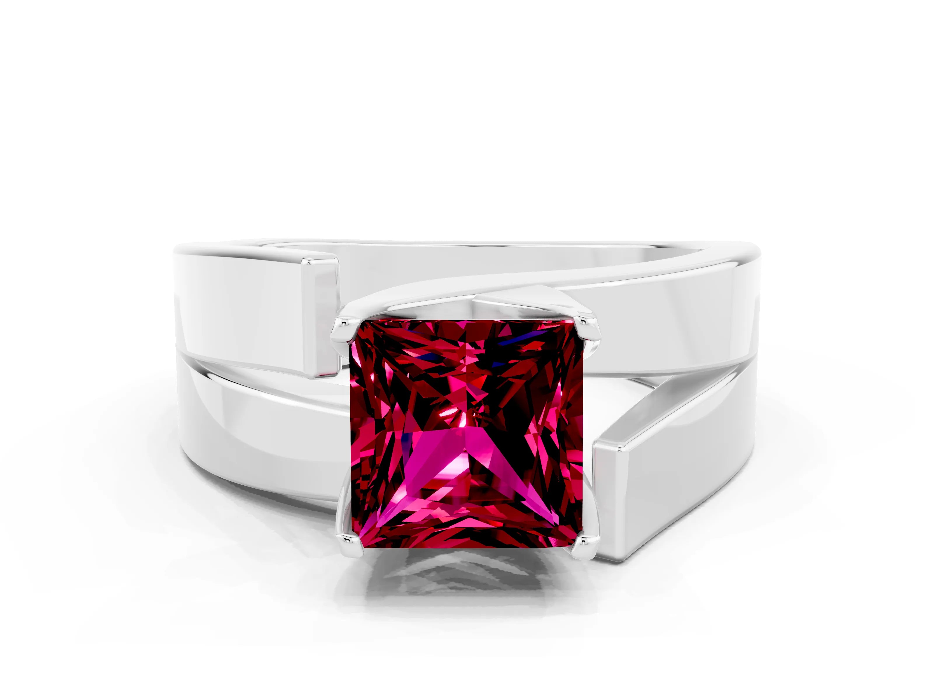 White gold Modern Tension Set Princess Cut Garnet Solitaire Wide Band Ring