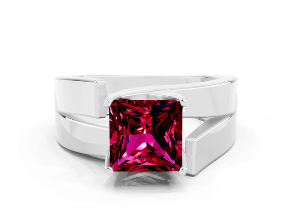Silver Modern Tension Set Princess Cut Garnet Solitaire Wide Band Ring