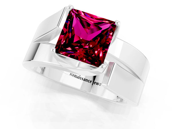 Platinum Modern Tension Set Princess Cut Garnet Solitaire Wide Band Ring