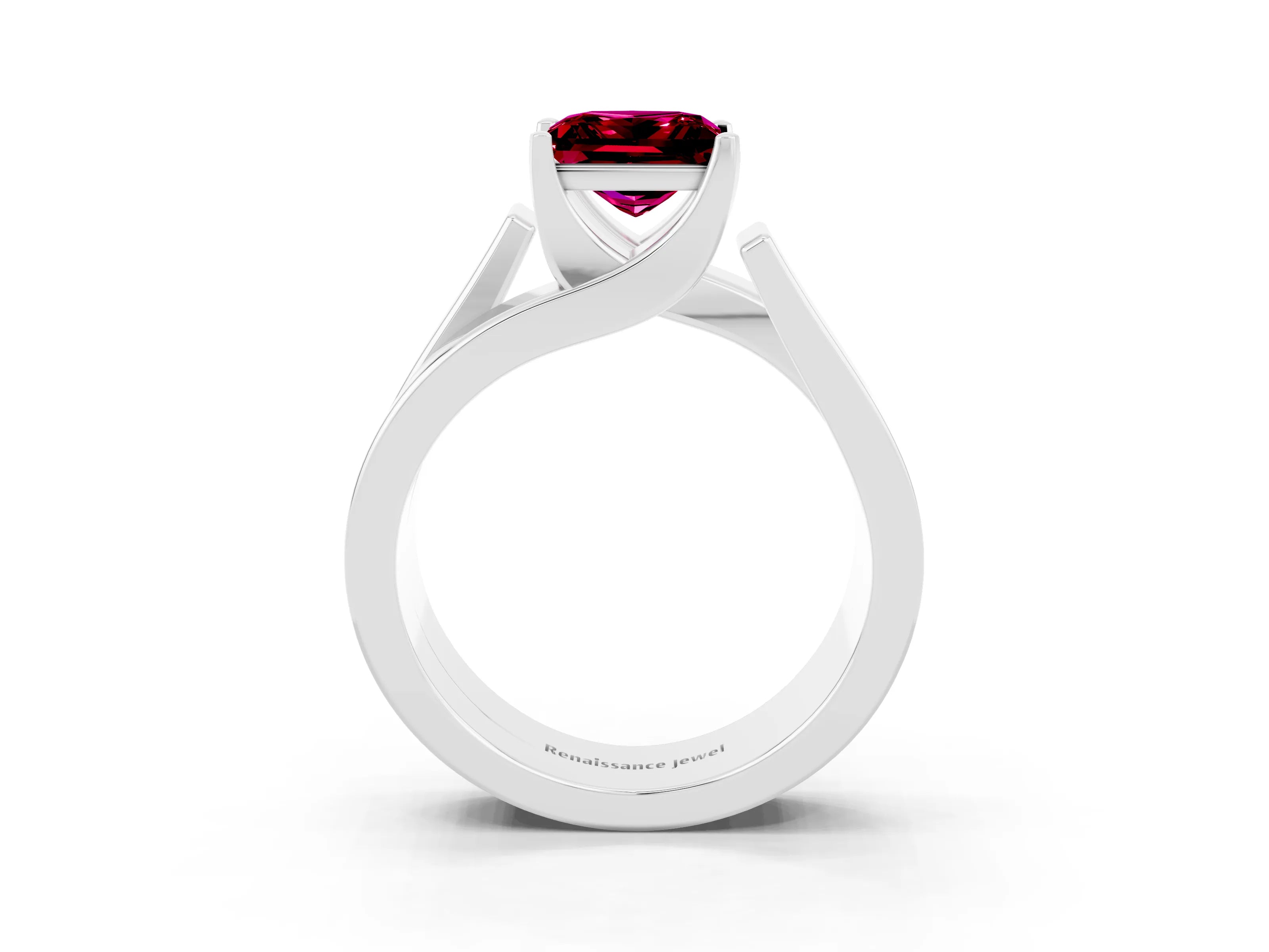 White gold Modern Tension Set Princess Cut Garnet Solitaire Wide Band Ring_3
