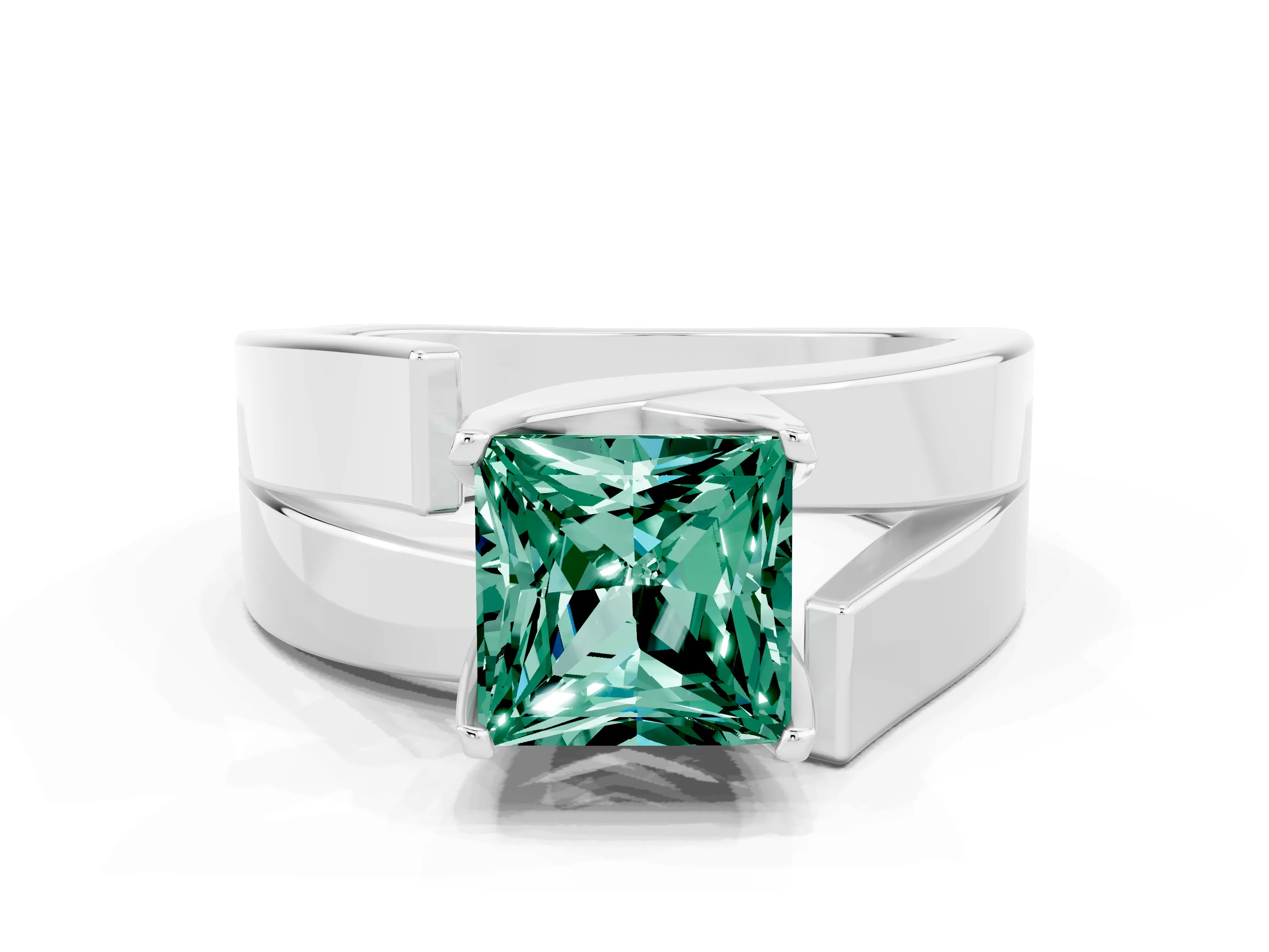 White gold Modern Tension Set Princess Cut Green Sapphire Solitaire Wide Band Ring