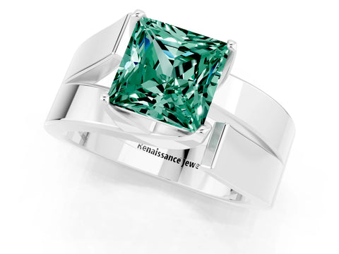 White gold Modern Tension Set Princess Cut Green Sapphire Solitaire Wide Band Ring_1