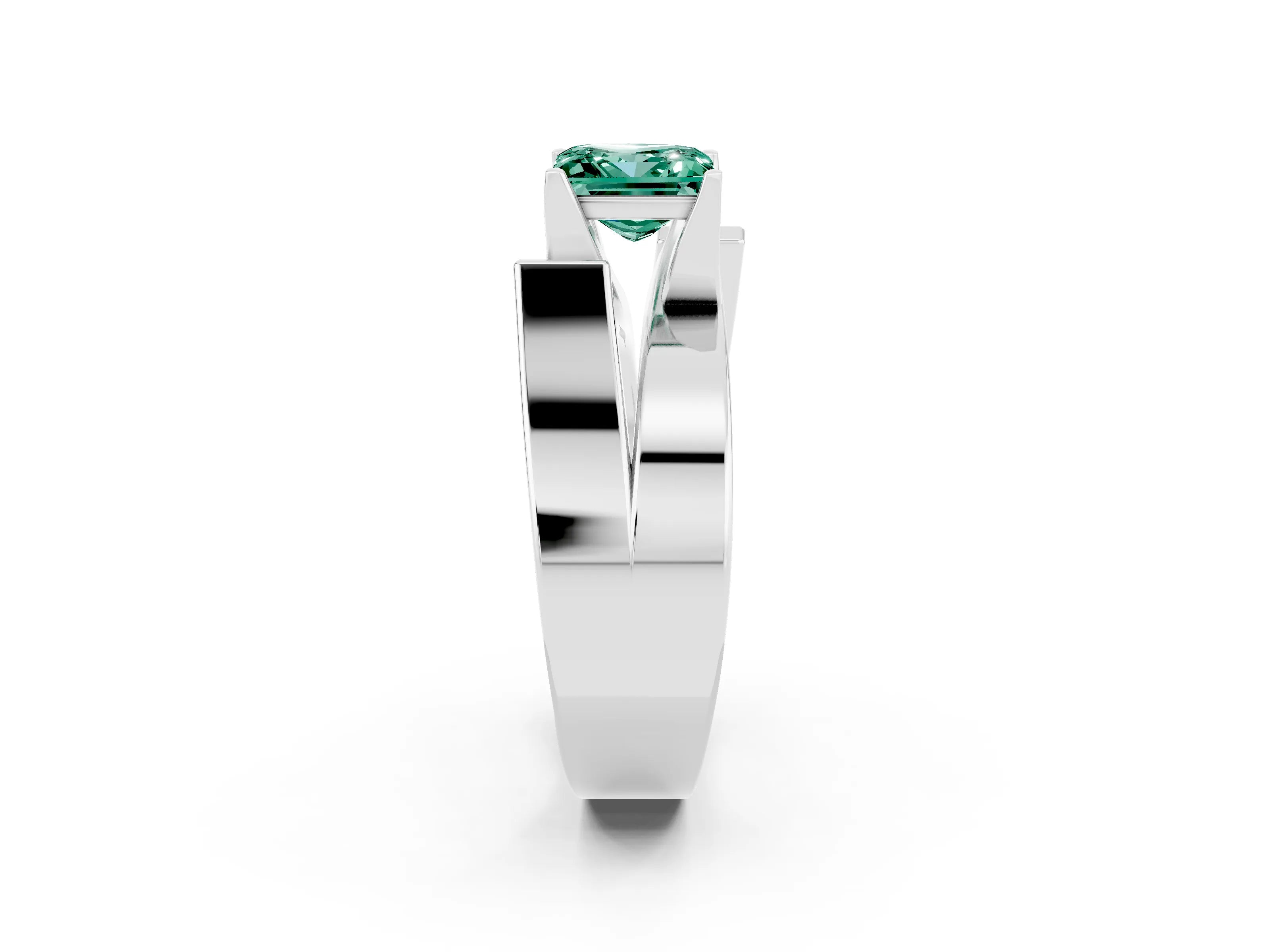 White gold Modern Tension Set Princess Cut Green Sapphire Solitaire Wide Band Ring_2