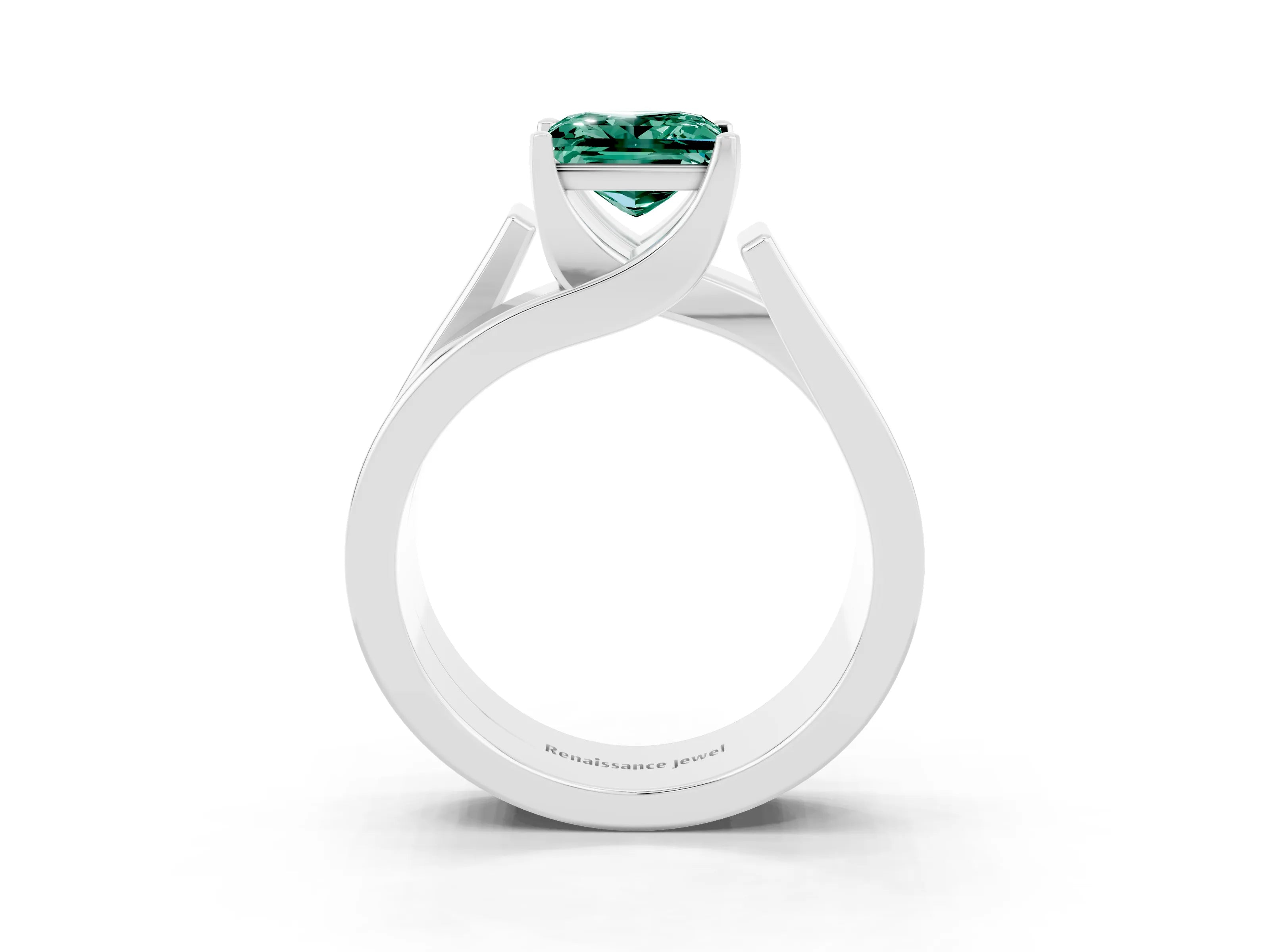 White gold Modern Tension Set Princess Cut Green Sapphire Solitaire Wide Band Ring_3